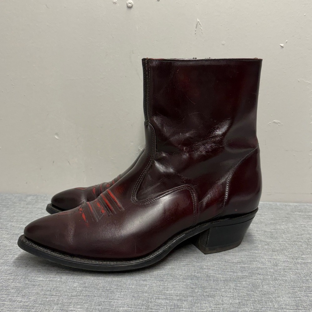 Texas Brand Western Boots Mens 10 EE Burgundy Red Leather Zip Up Vintage 353